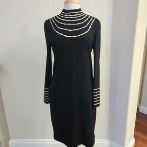 St John Knit Evening Dress black with gold pearl crystal piallettes size 10